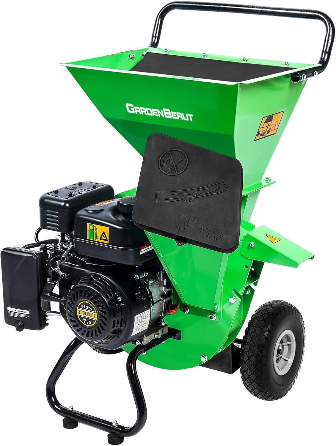 GardenBeaut MF30 chipper shredder mulcher with a wide top hopper for leaves and a separate branch chute