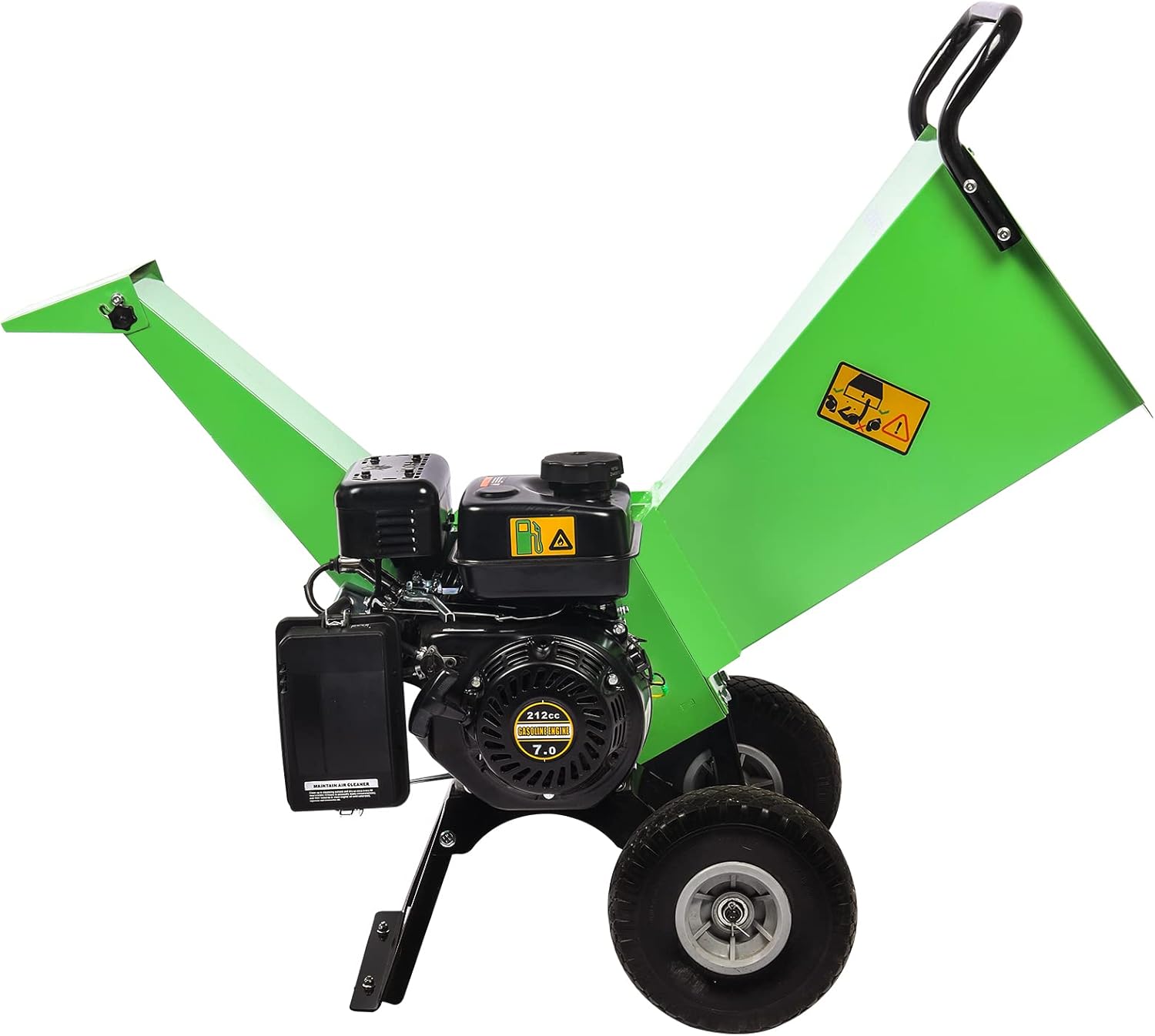 GardenBeaut R30 gas wood chipper from the side, showing the angled feed hopper, discharge chute, and engine