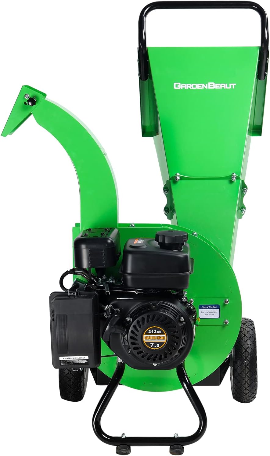 GardenBeaut S1 gas wood chipper from the front, with its 212cc engine, tall feed hopper, and curved discharge chute