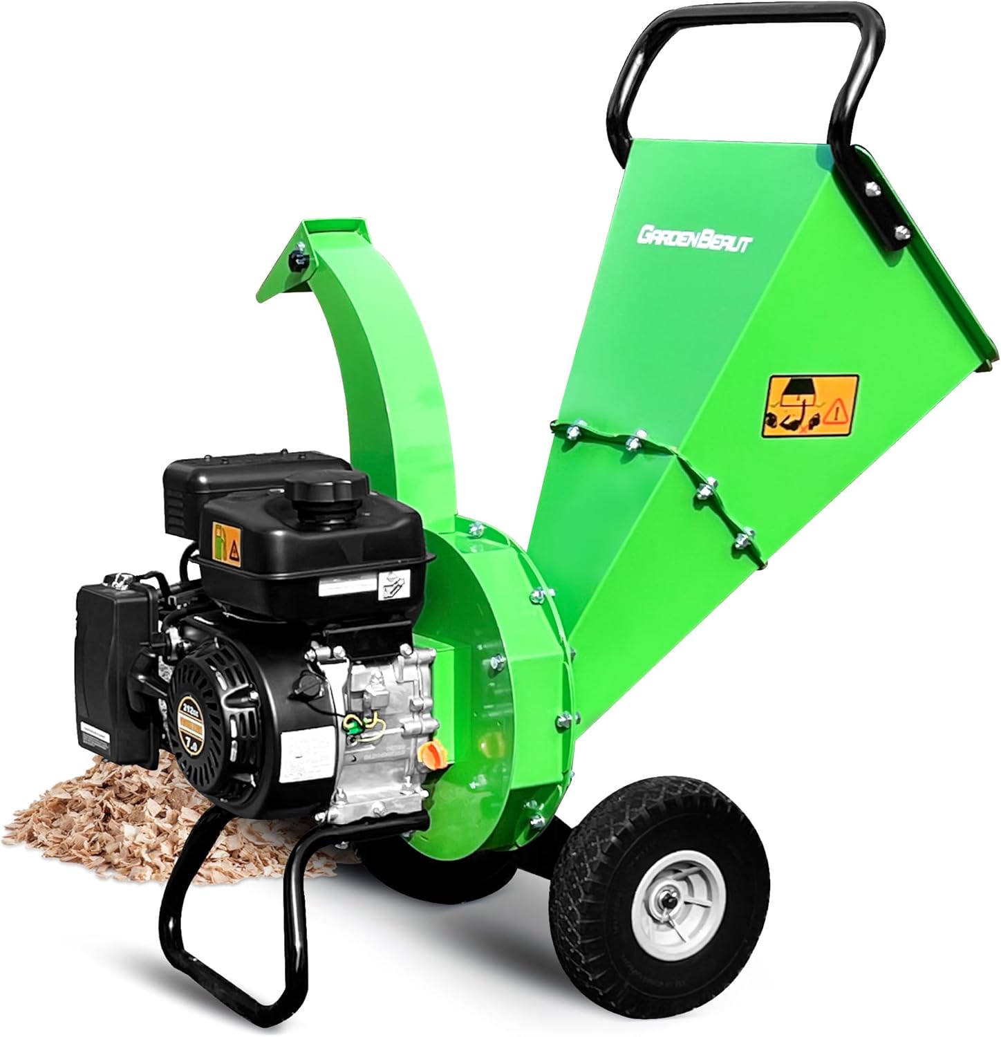 GardenBeaut S3 wood chipper shredder with a small pile of fresh wood chips next to the discharge chute