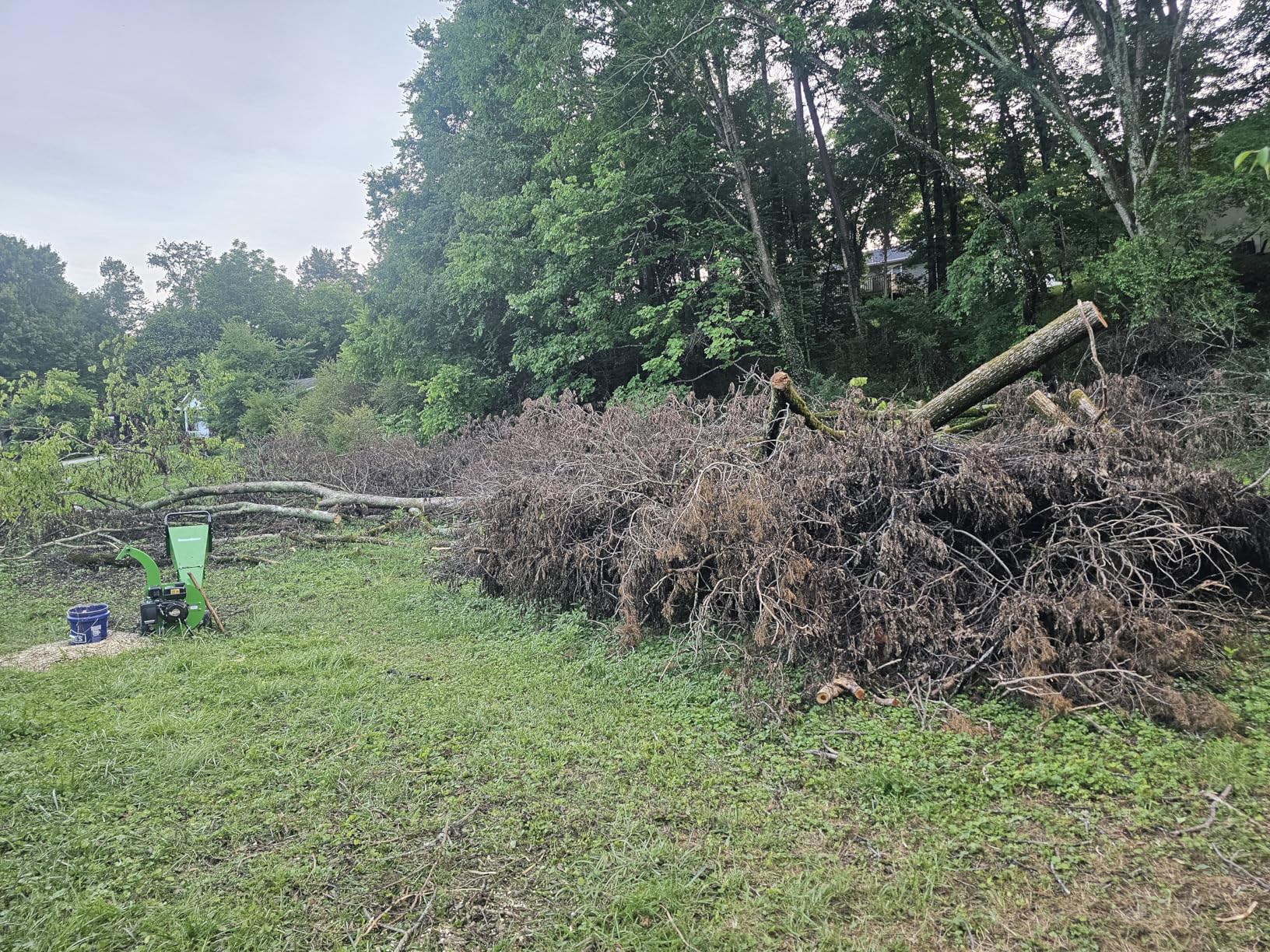 GardenBeaut chipper on a lawn next to a large pile of storm-downed branches